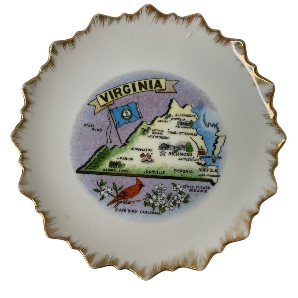 Vintage Virginia Souvenir Plate Gold Trim State Map‎ Scalloped Edges Wall Art